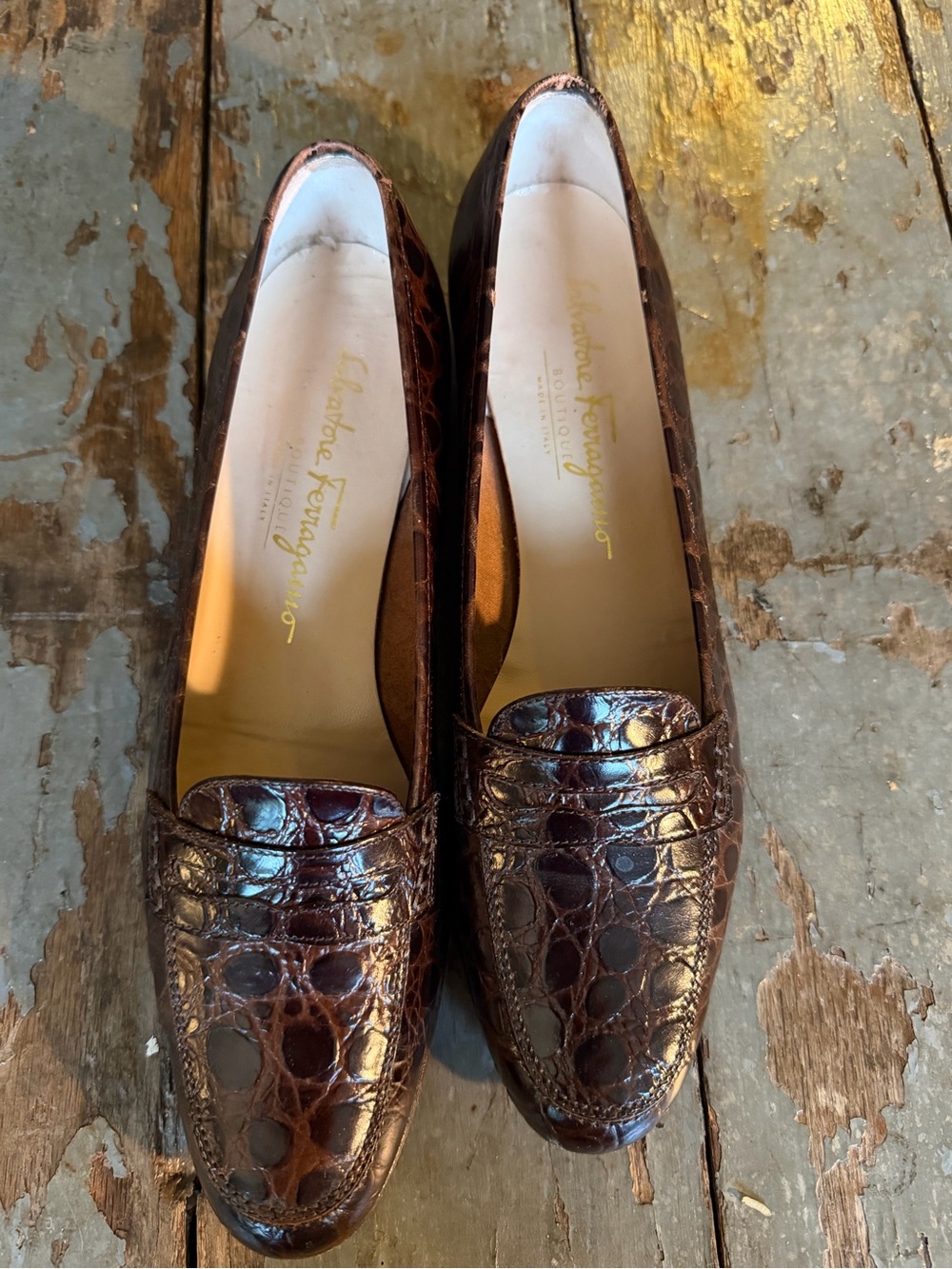 Salvatore Ferragamo Dark Brown Croc-Embossed Leather Heeled Penny Loafers
